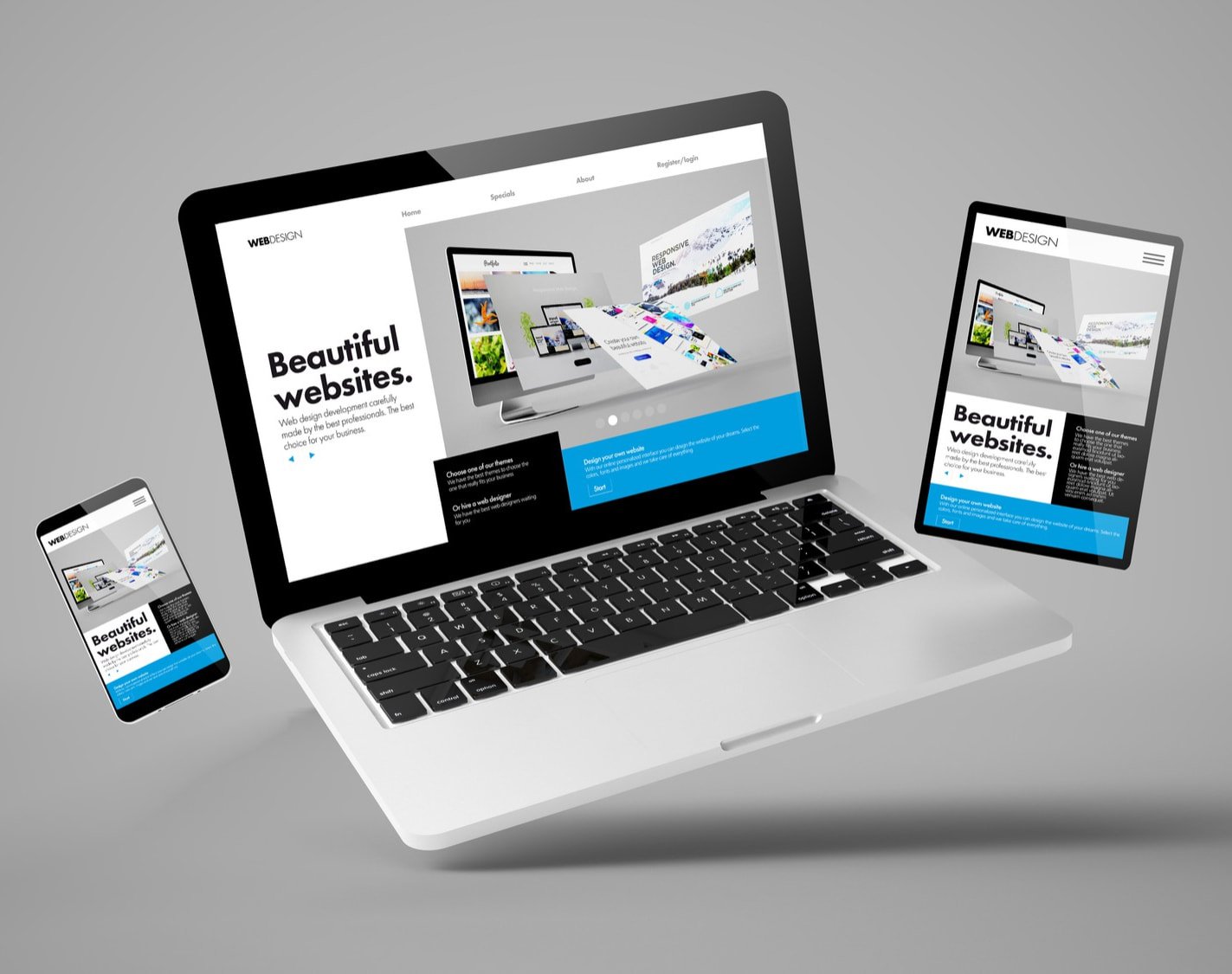 Ordinateur, mobile et tablette affichant le rendu d'une construction de site web réactive suite à une refonte de site internet